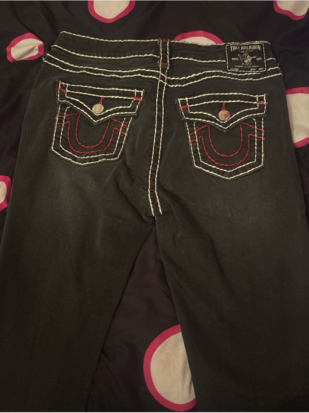 True Religion Black Skinny Jeans with White & Red Contrast Stitching - Women